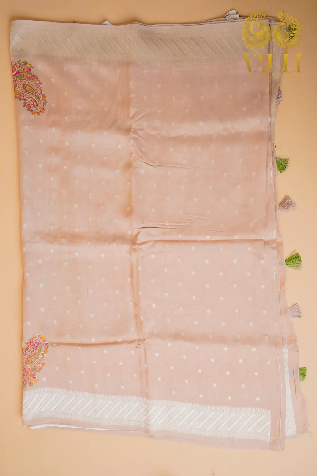 Pastel Blush Tussar Georgette Saree with Kashmiri Kani Weave Pallu & Embroidered Mango Motifs