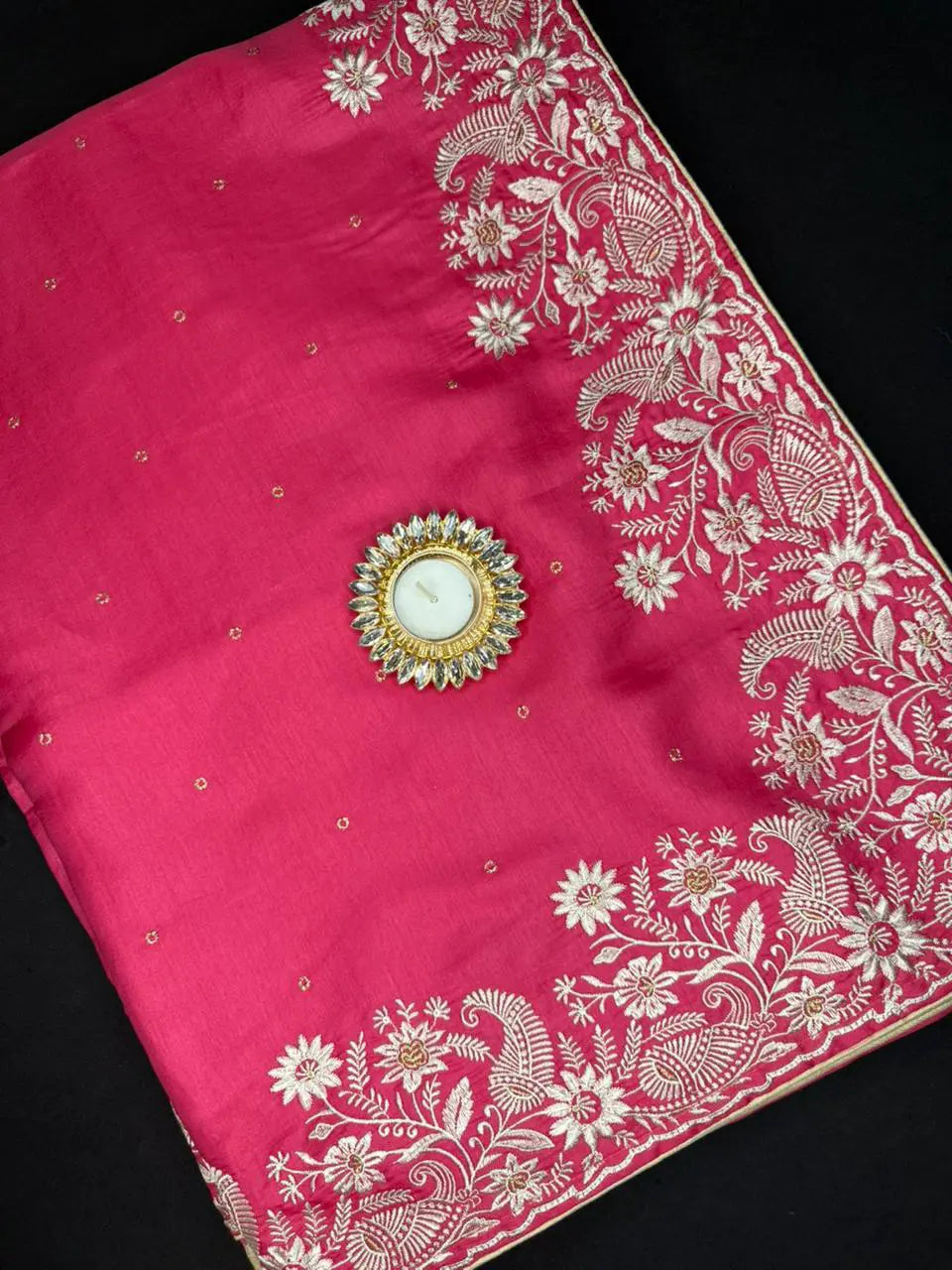 Soft Tussar Silk Saree – Embroidered Border with Zari Butta & Self Colour Blouse