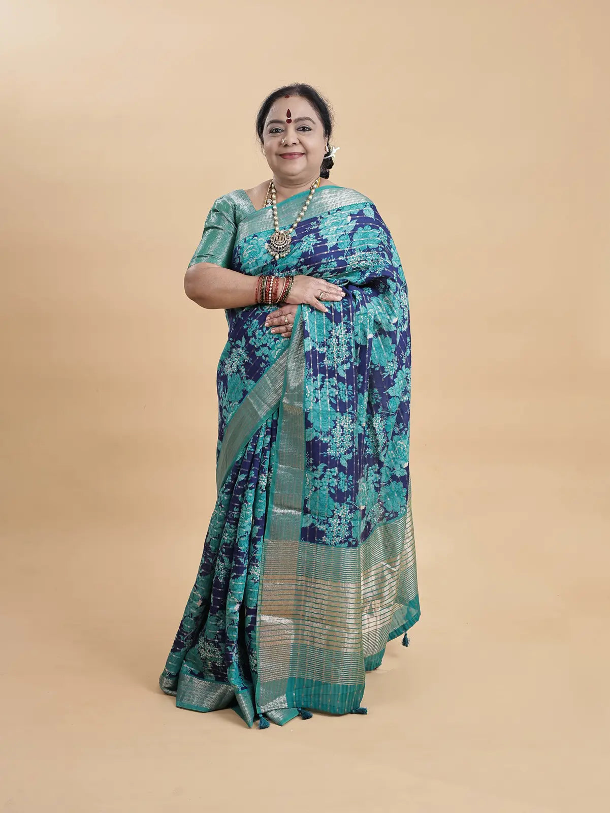 Cotton Floral Saree – Bluish Green Digital Print with Heavy Zari Pallu