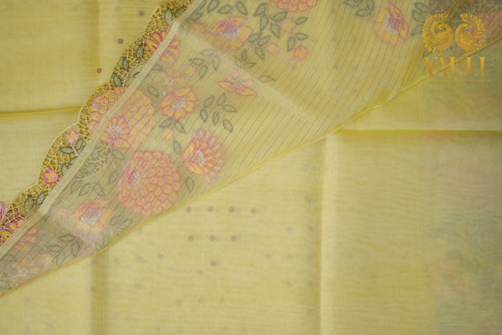 Pure Kora Lemon yellow organza cutwork saree
