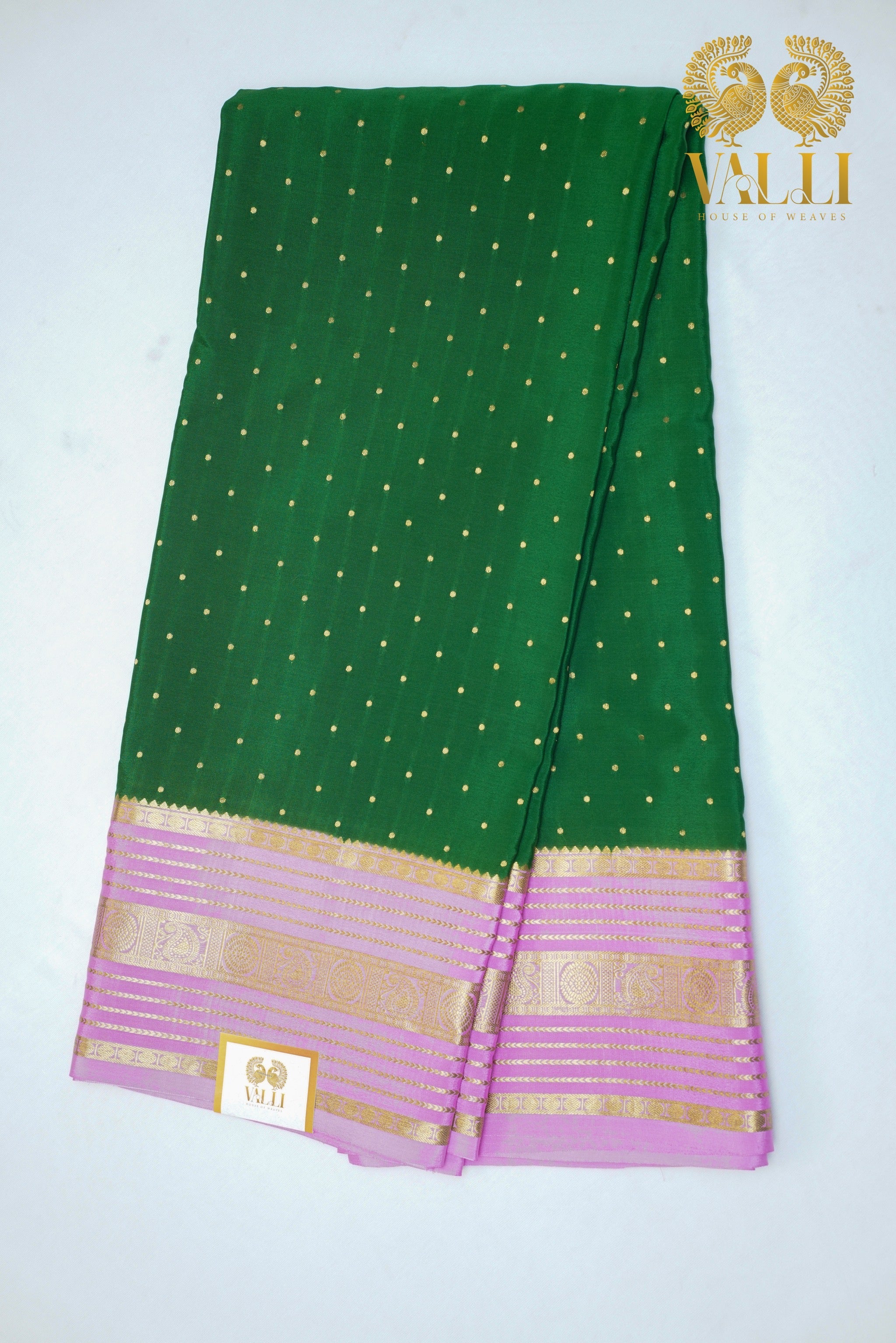 Emerald Green 120 GSM Pure Mysore Crepe Silk Saree with Baby Pink Contrast Border & Pallu