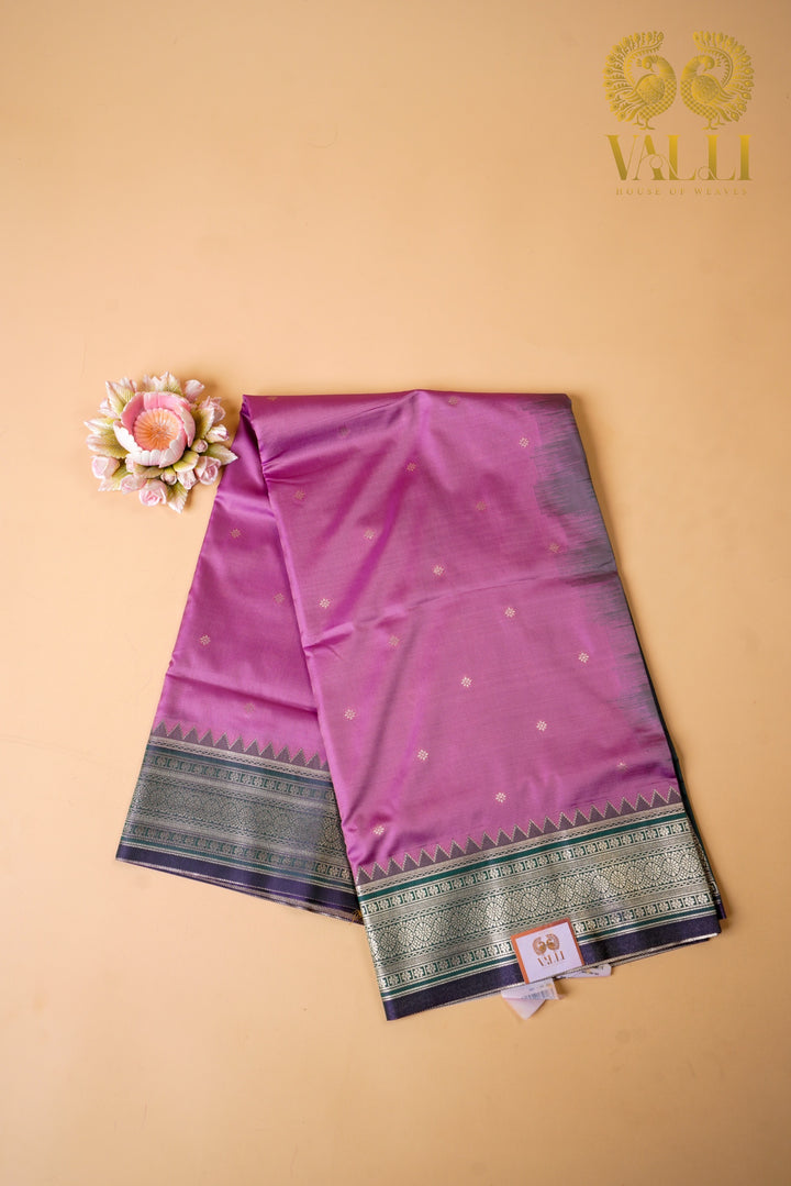 Kanchi Soft Silk Saree – Pastel Onion Pink with Teal Pillayar Katam Border