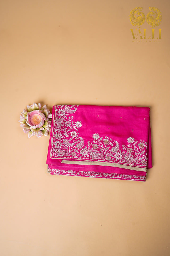 Soft Tussar Silk Saree – Embroidered Border & Self Colour Blouse