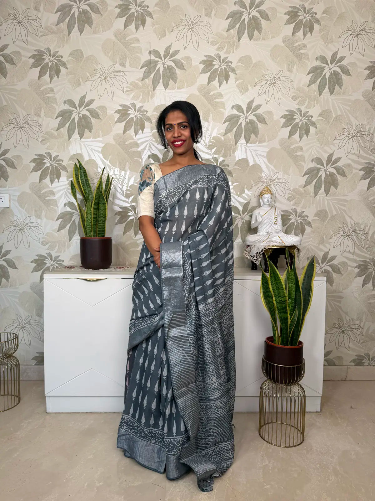 Grey Cotton Saree with Block Print  and Batik Pallu