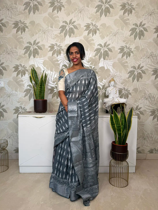 Grey Cotton Saree with Block Print  and Batik Pallu