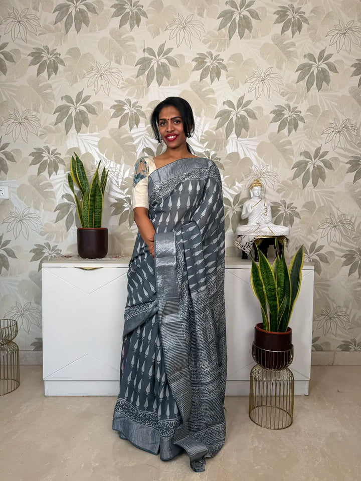Grey Cotton Saree with Block Print  and Batik Pallu