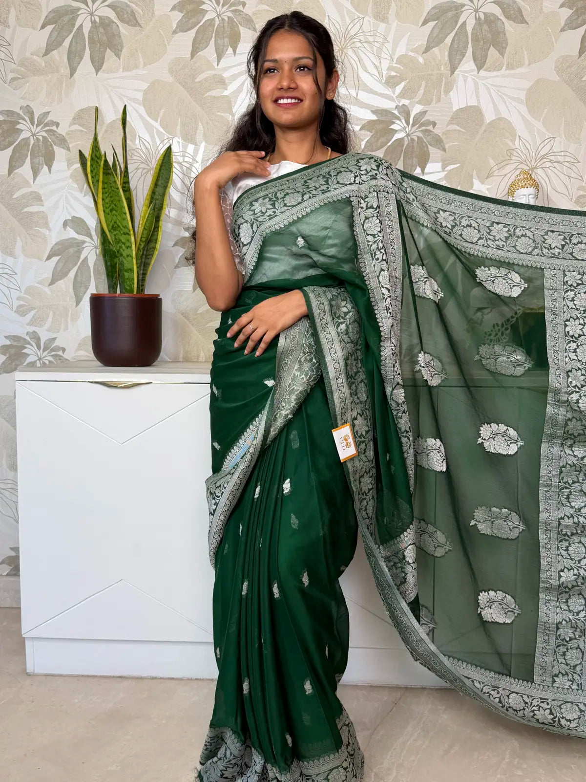 Green Chiffon Saree with Elegant Silver Zari Border