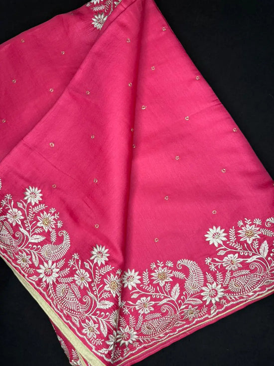 Soft Tussar Silk Saree – Embroidered Border with Zari Butta & Self Colour Blouse