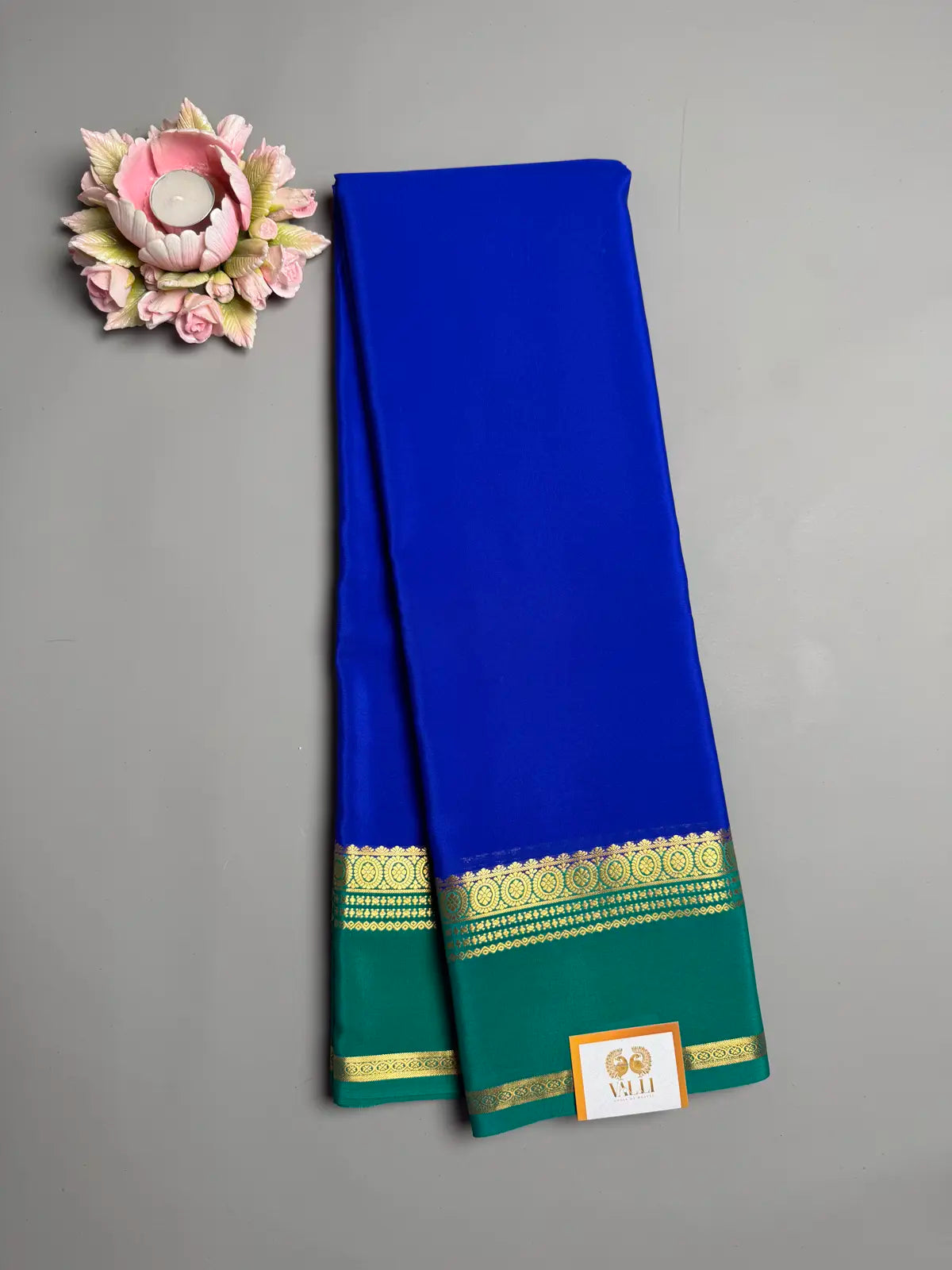 Royal Blue pure Mysore Crepe Silk Saree with Green Contrast
