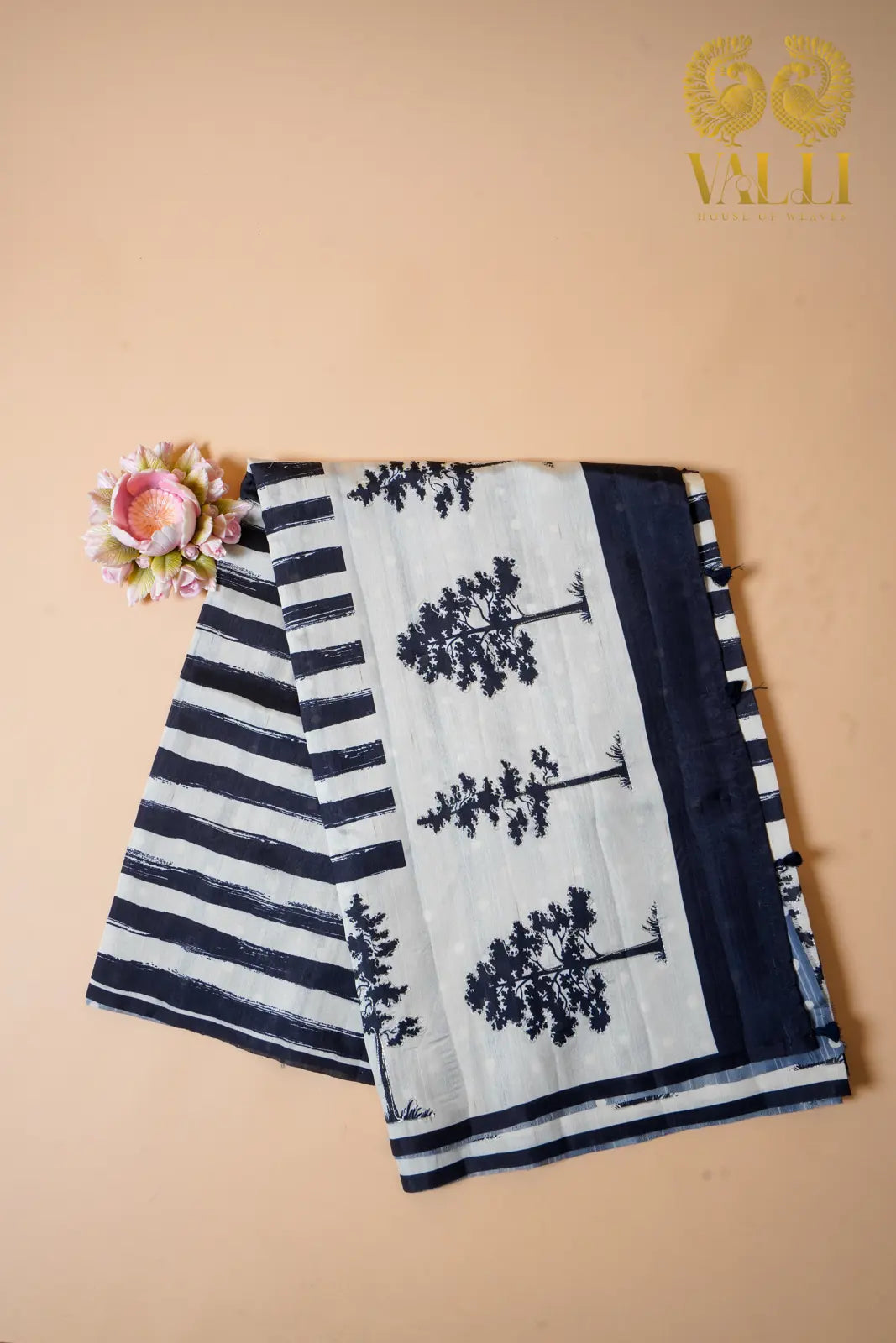 Tussar black and white stripes saree