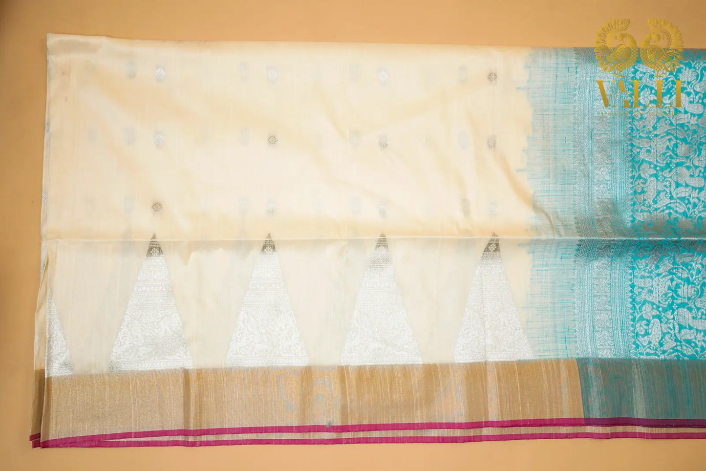 Raw Silk Ivory & Sky Blue Vanasingaram Saree