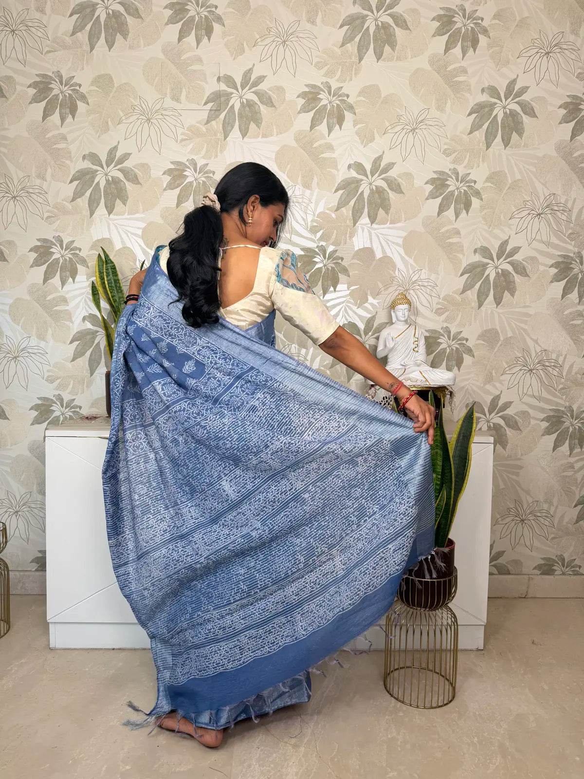 Powder Blue Cotton Saree with Block Print and Batik Pallu