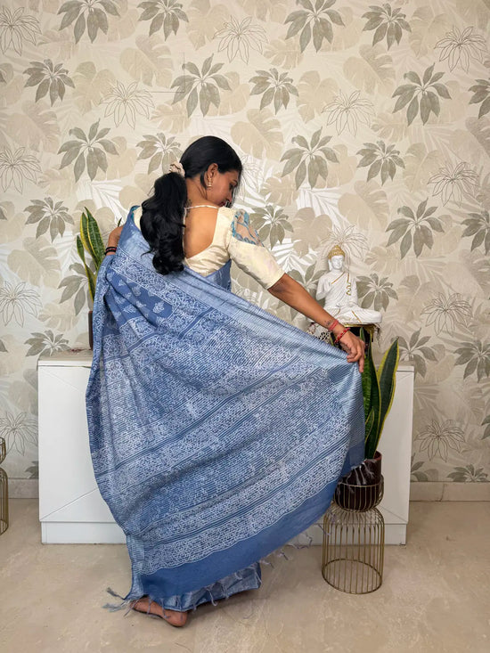 Powder Blue Cotton Saree with Block Print and Batik Pallu