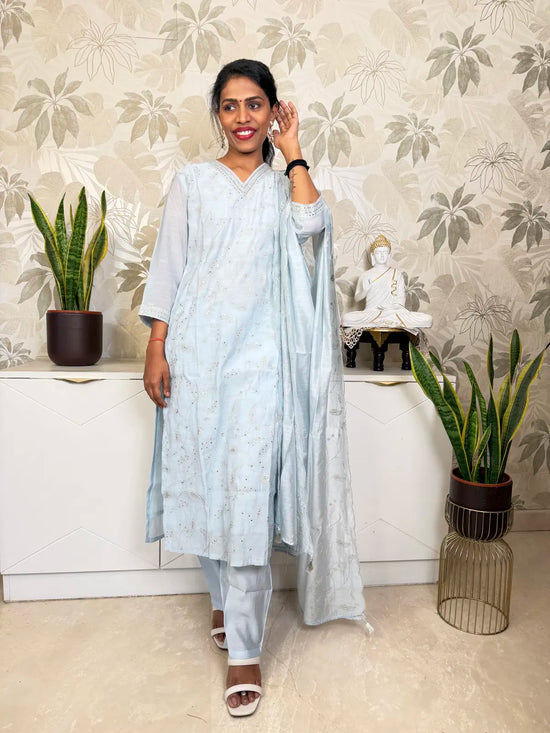 Light Blue Organza Salwar Set with Floral Thread Embroidery