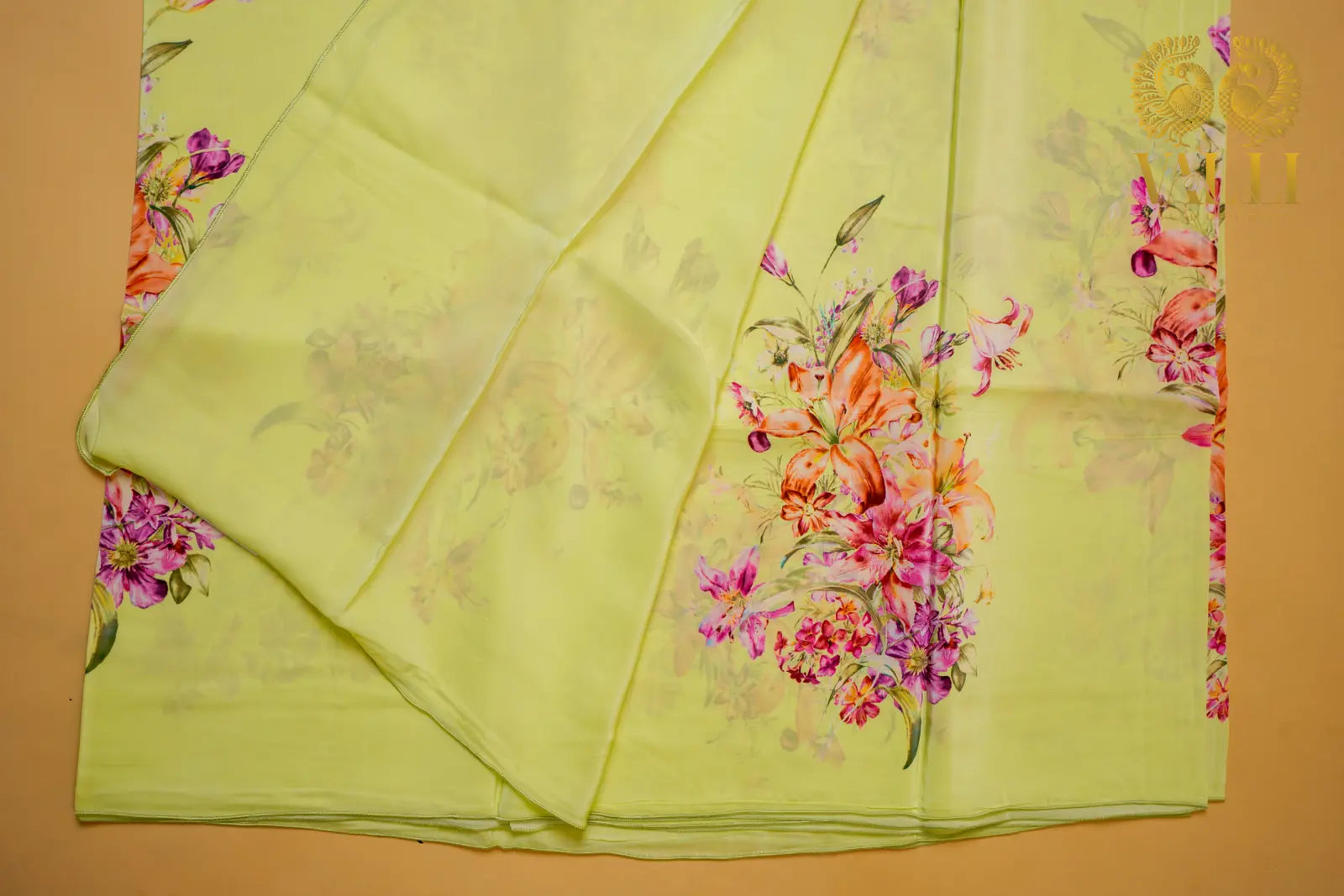 Green Floral Satin Crepe Saree – Lightweight Digital Print Elegance