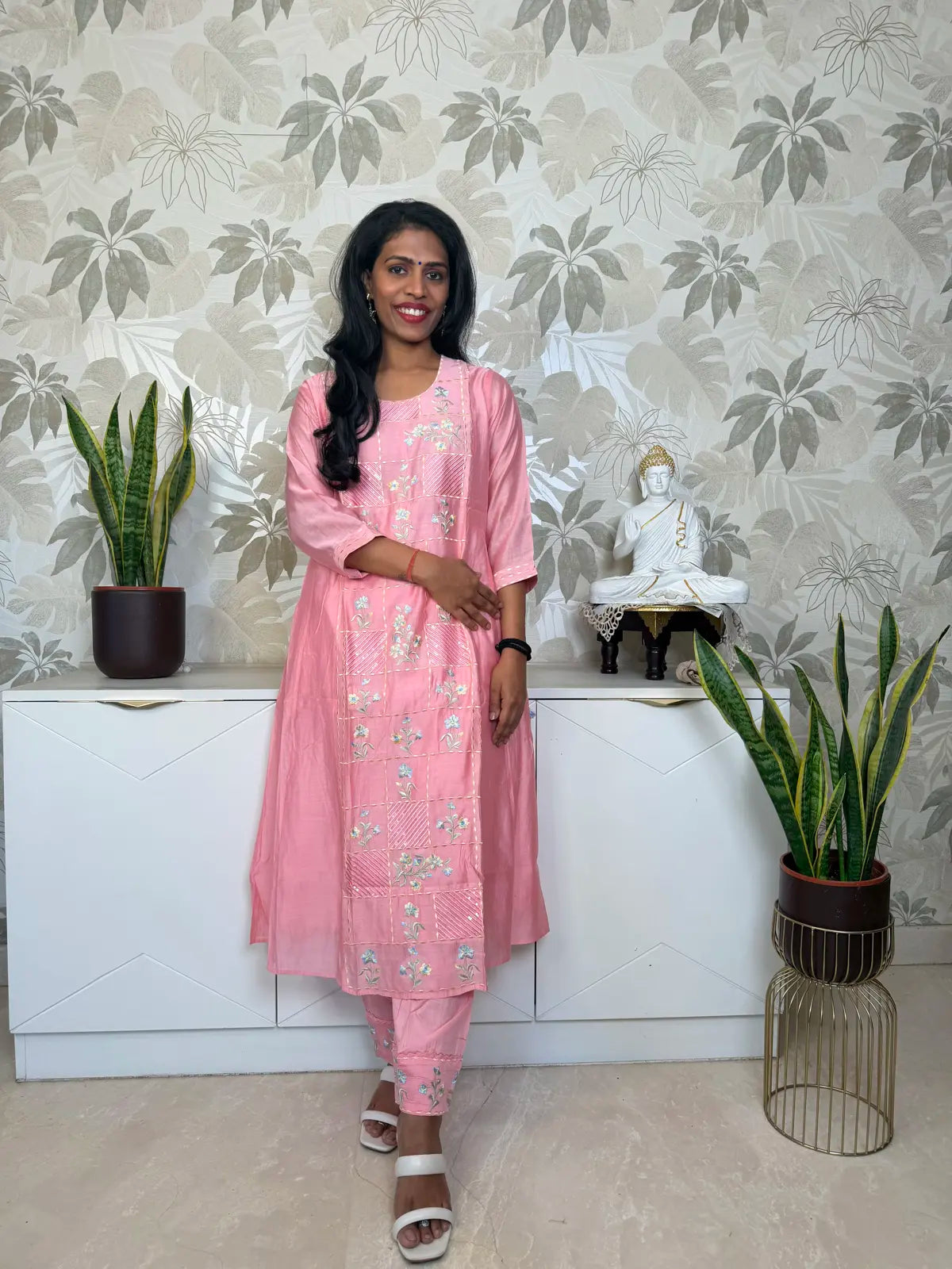 Peach Pink Salwar Set with Floral Embroidery and Patchwork Panels
