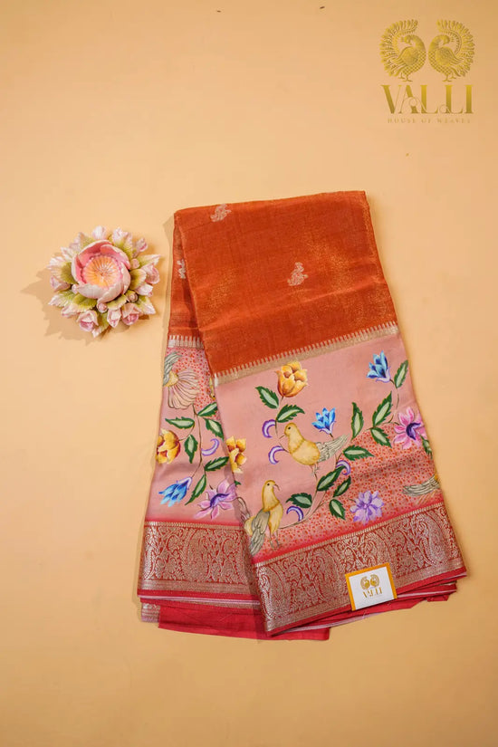 Rust Orange Semi Crepe Saree with Digital Print & Tissue Weave Kamakshi 