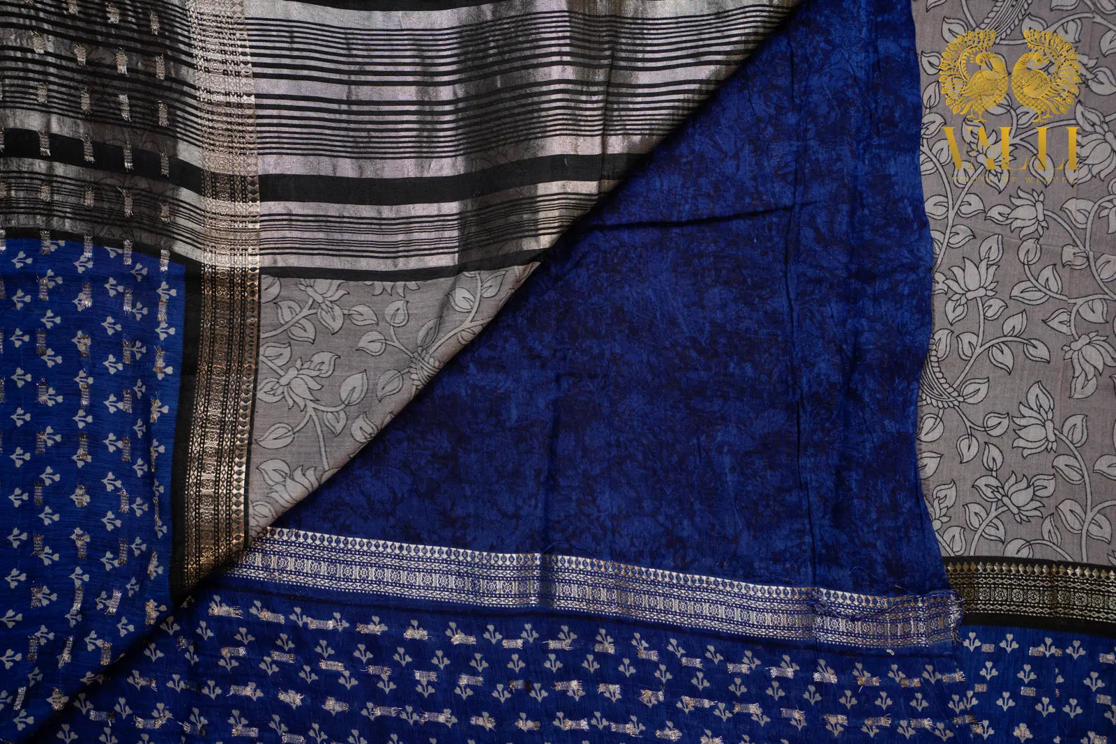 Kalamkari cotton saree grey + blue 