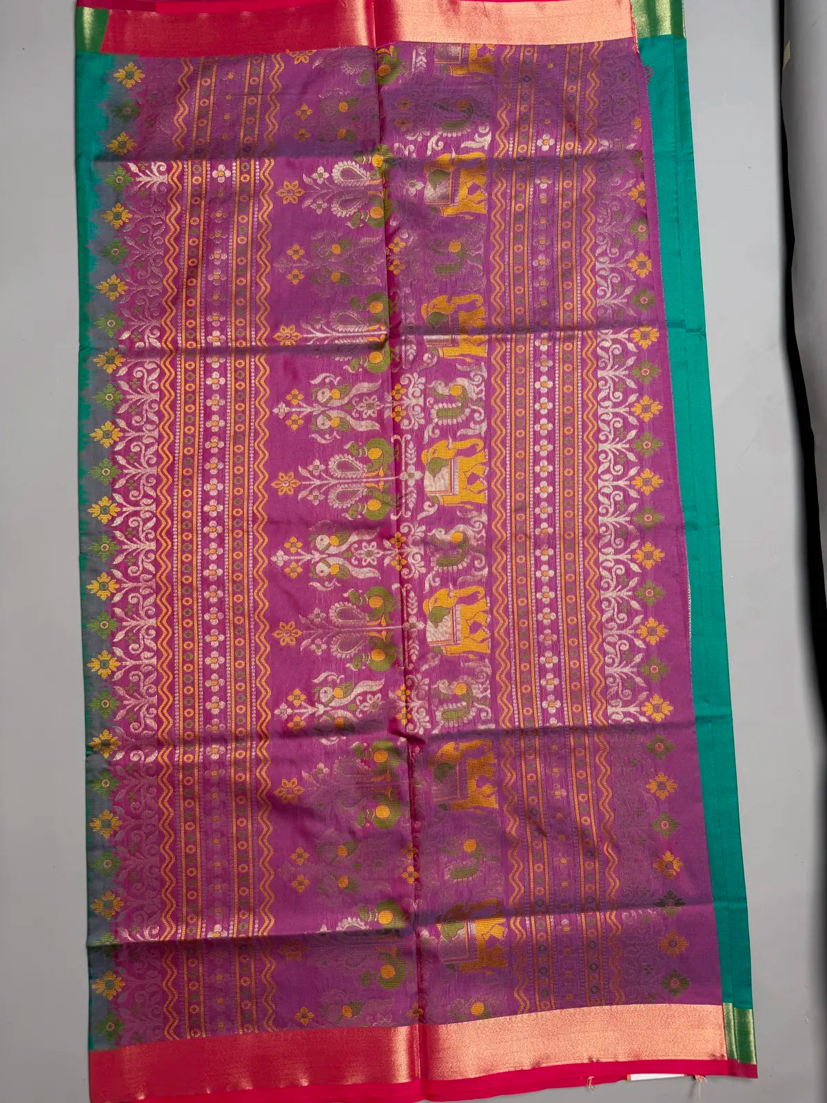 Peacock  motif soft silk Teal green Semi Silk Saree with Rich Jacquard Pallu