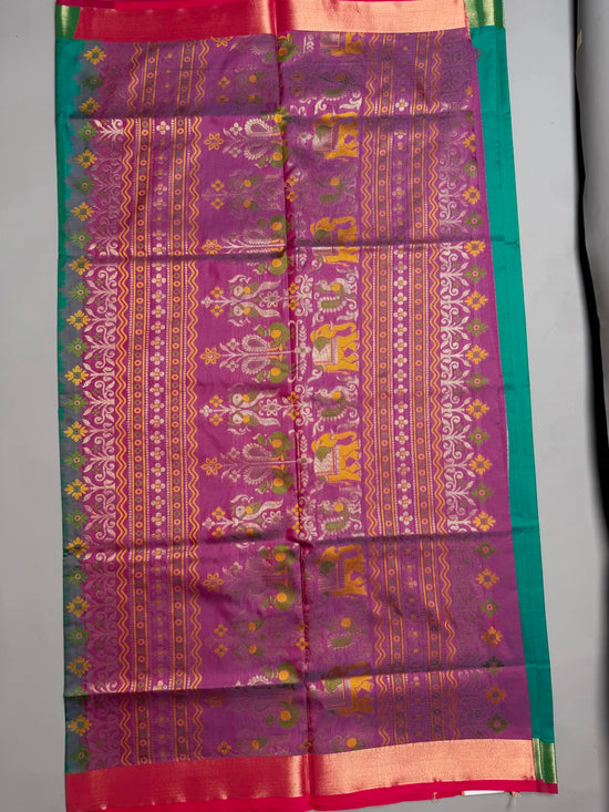 Peacock  motif soft silk Teal green Semi Silk Saree with Rich Jacquard Pallu