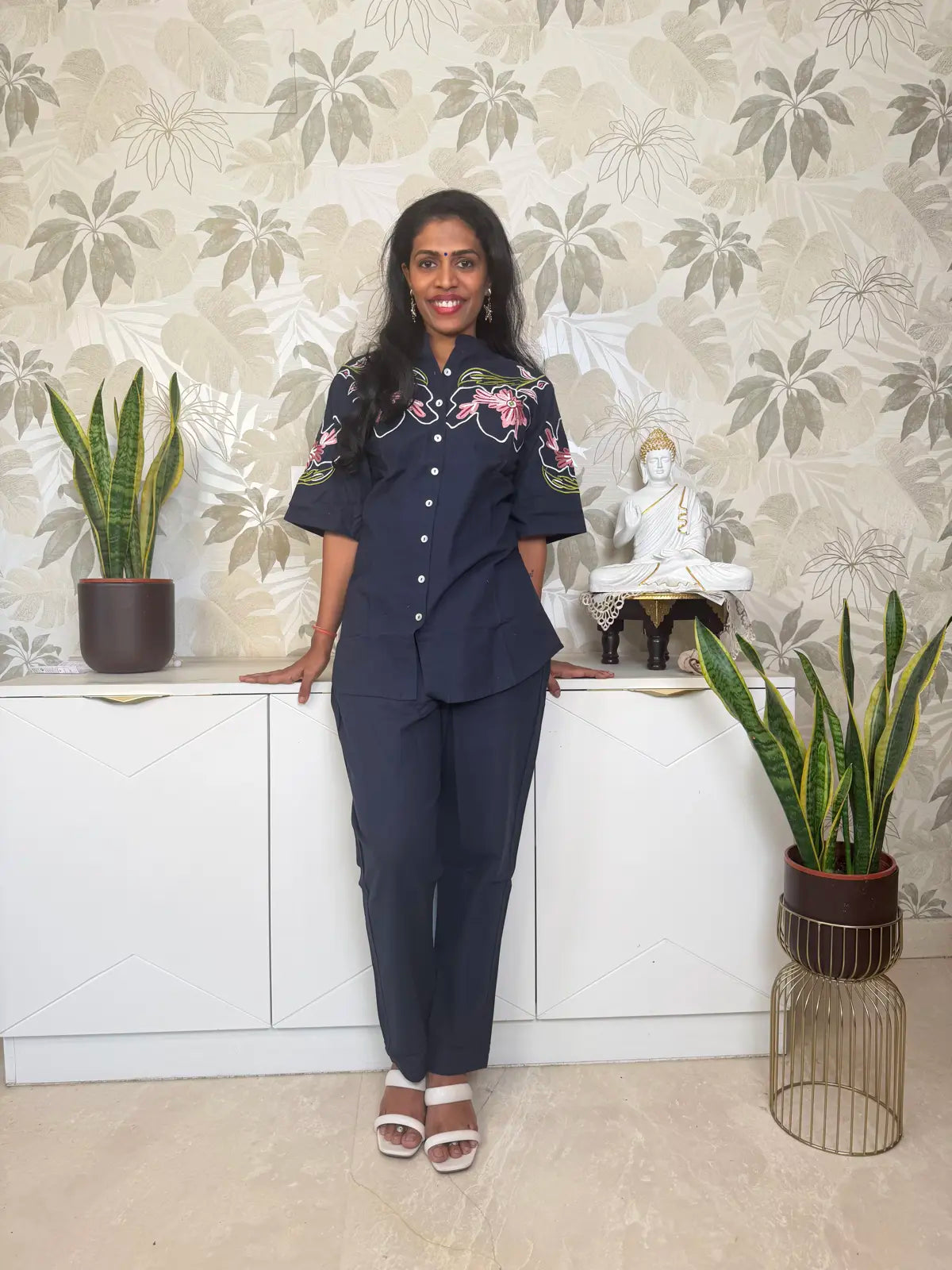 Navy Blue Cotton Co-ord Set with Embroidered Shirt
