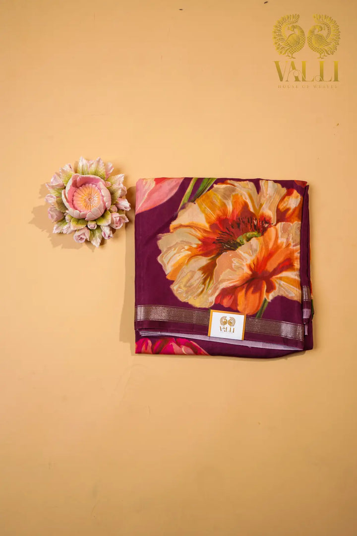 Pushpavalli Saree – Purple Cotton Viscose with Bold Floral Digital Print