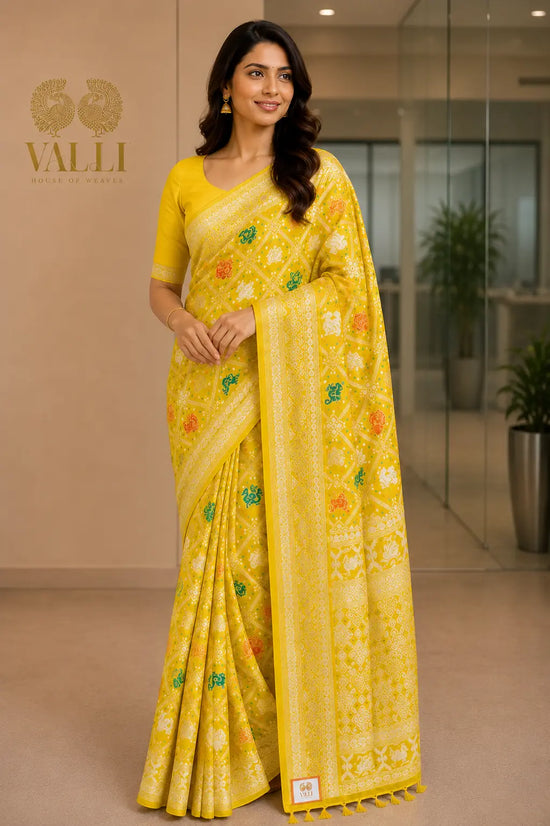 Parrot Green georgette Banarasi Silk Saree with Bird Jaal Weave