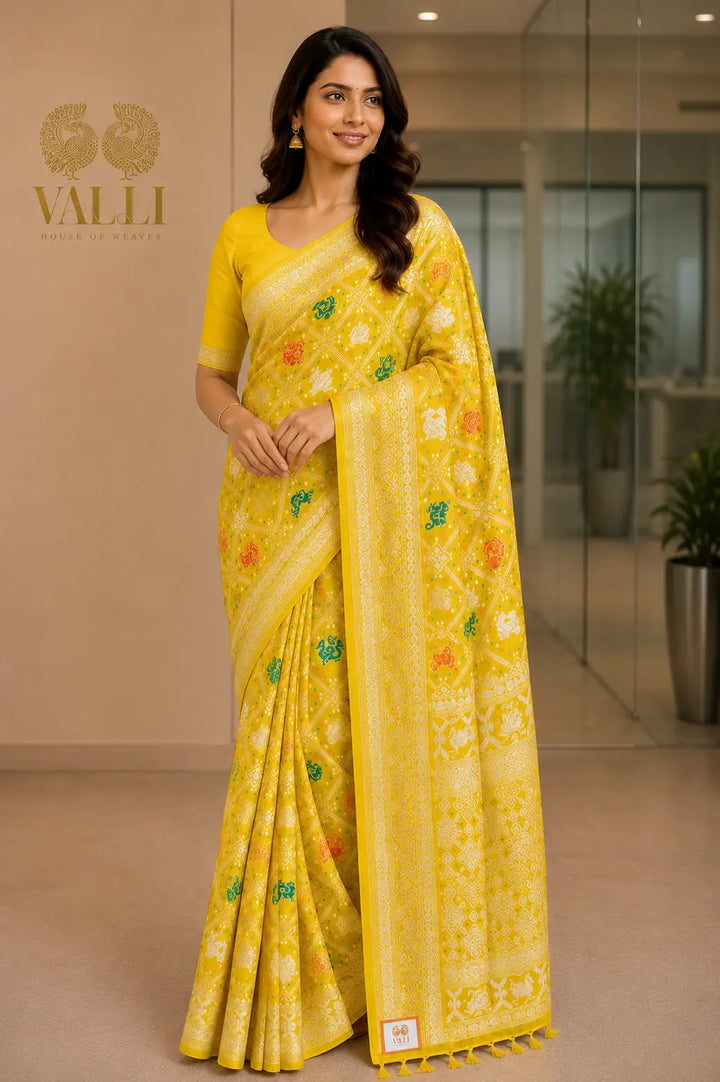 Parrot Green georgette Banarasi Silk Saree with Bird Jaal Weave