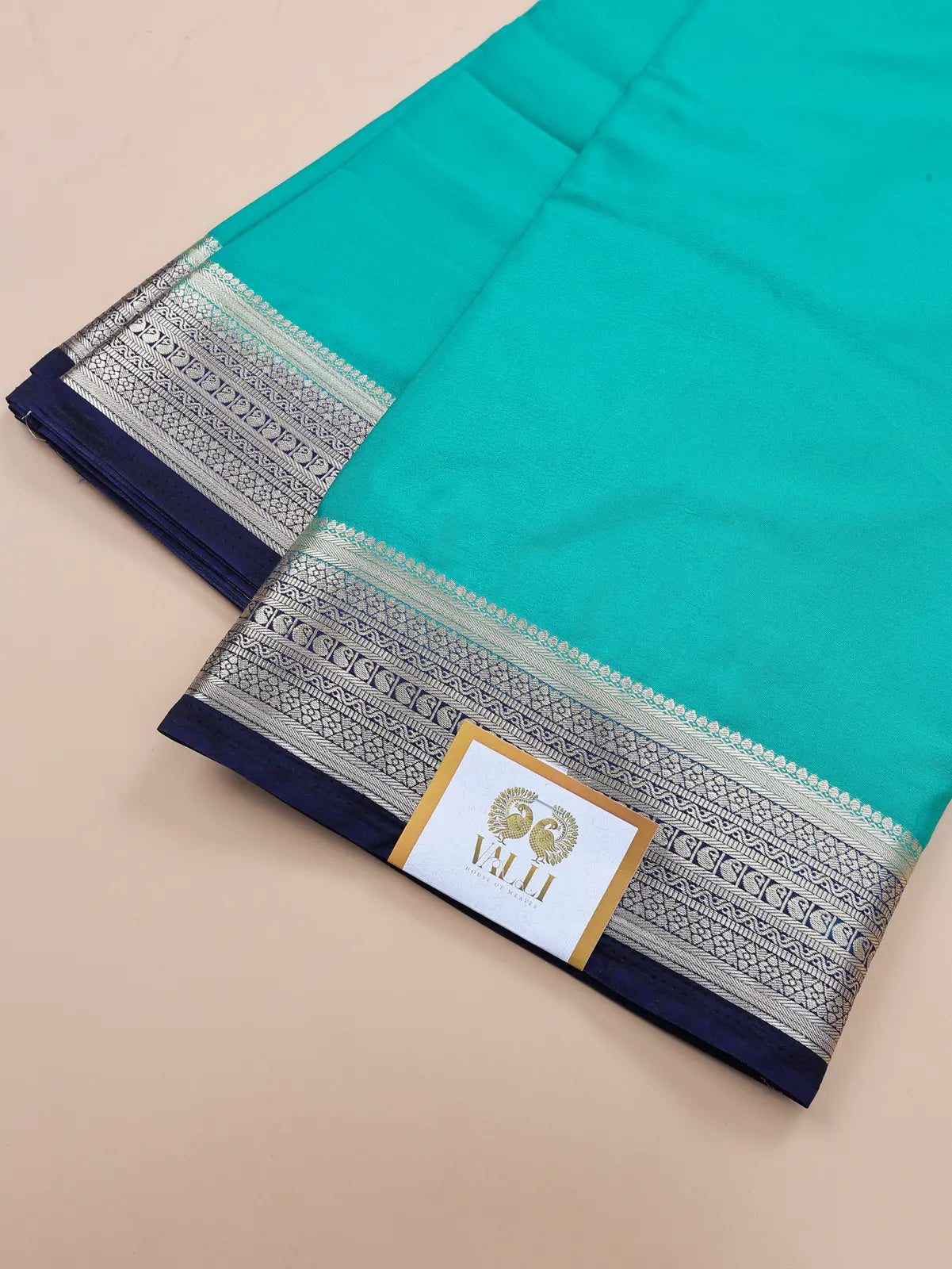 Contrast Border Semi Crepe Silk Saree with Silver Zari Border & Pallu - Green +Blue