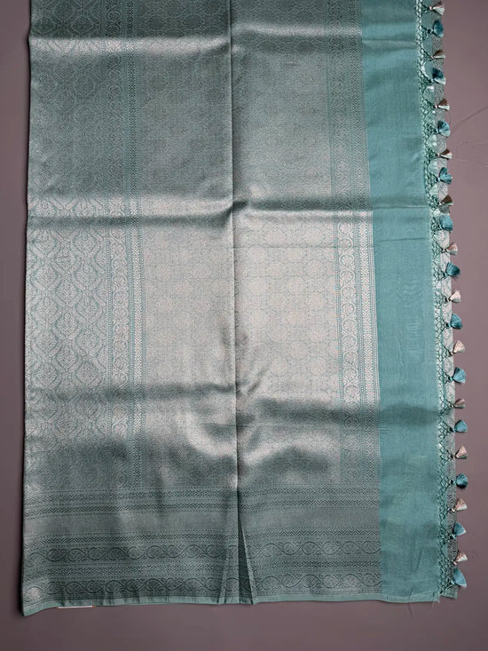 Powder Blue Semi Banarasi Silk Saree with Silver Zari Weave