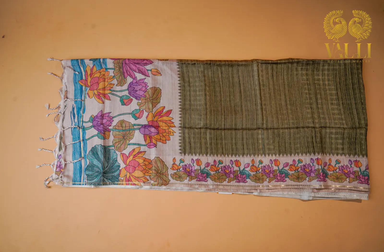 Tussar hand paint saree olive green 