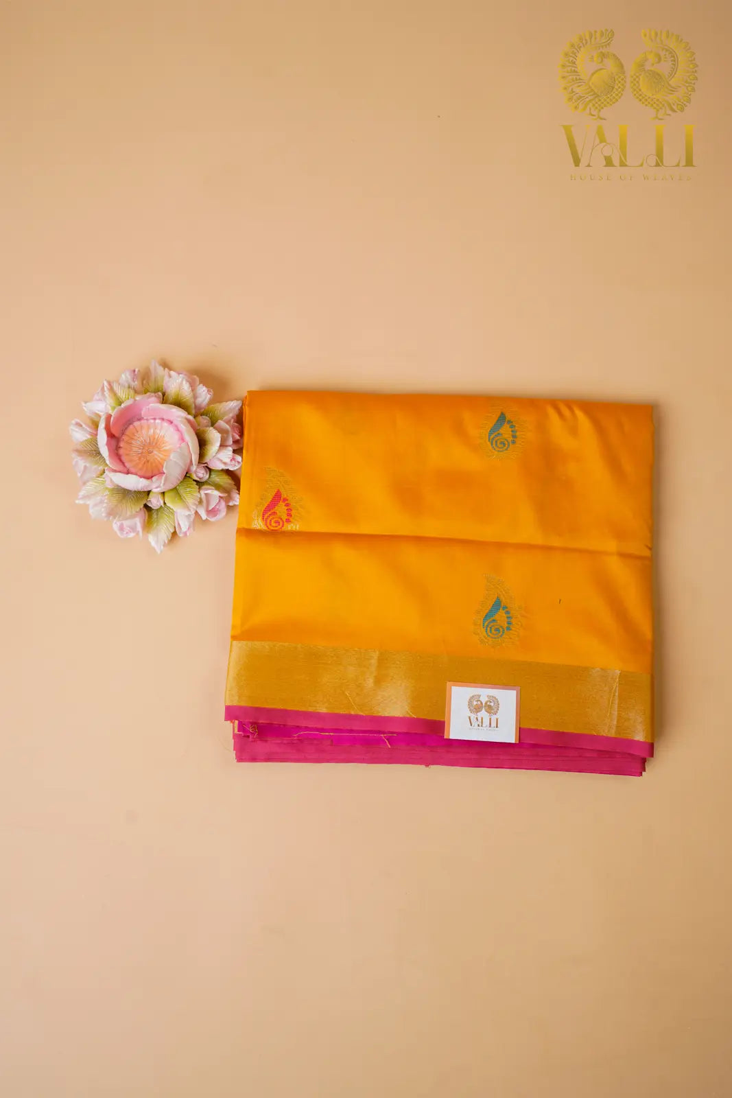 Motif Soft Silk Saree – Mustard Yellow with Contrast Pallu & Pink Blouse - Valli House of Weaves
