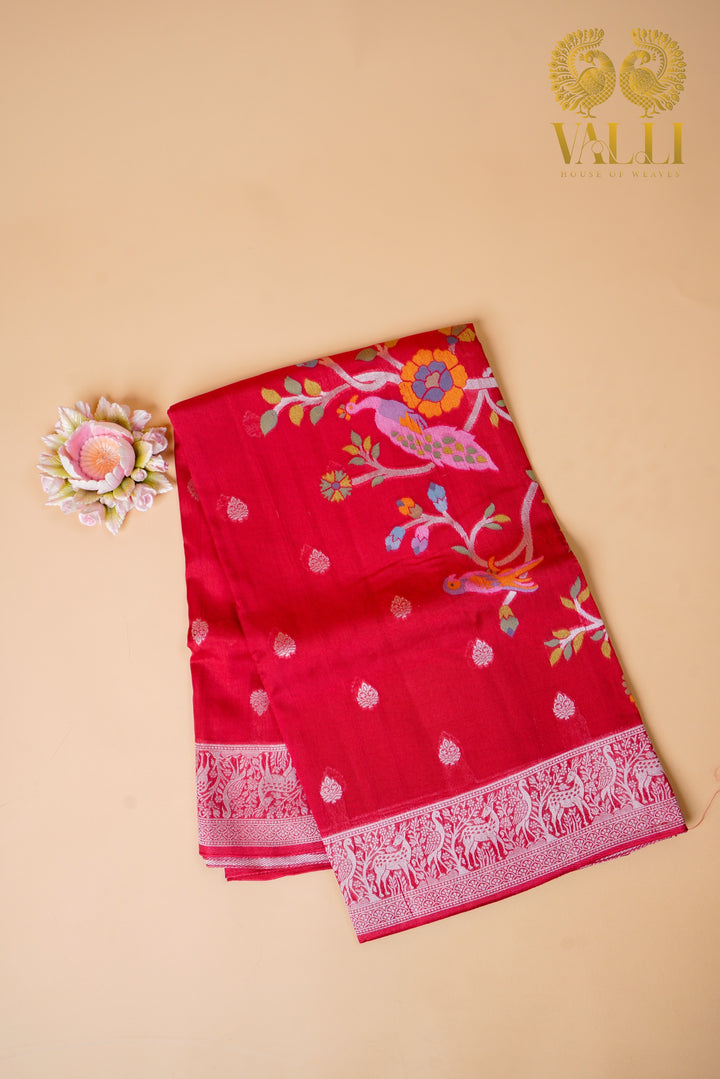 Red Banarasi Tussar Georgette Saree with Shikargah Pallu