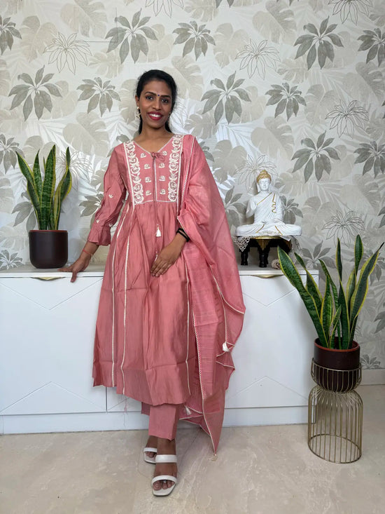 Peach Pink A-Line Salwar Set with Neck Embroidery