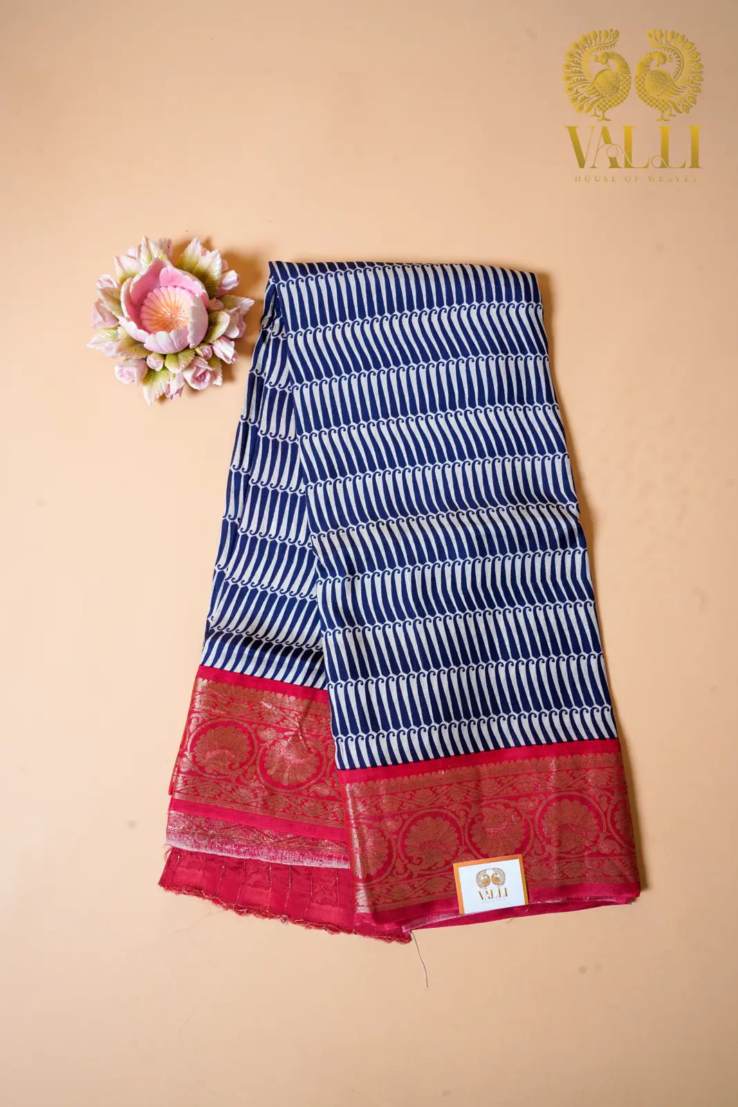 Navy Blue Printed Saree with Rich red Zari Border