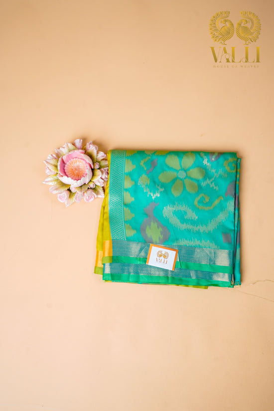 Ikkat Pallu Semi Silk Saree – Yellow Body with Heavy Ikkat Pallu & Pink Brocade Blouse
