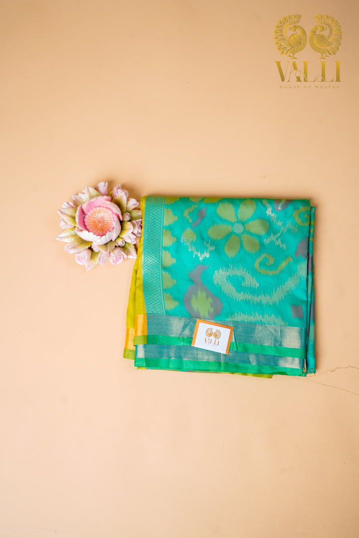 Ikkat Pallu Semi Silk Saree – Yellow Body with Heavy Ikkat Pallu & Pink Brocade Blouse