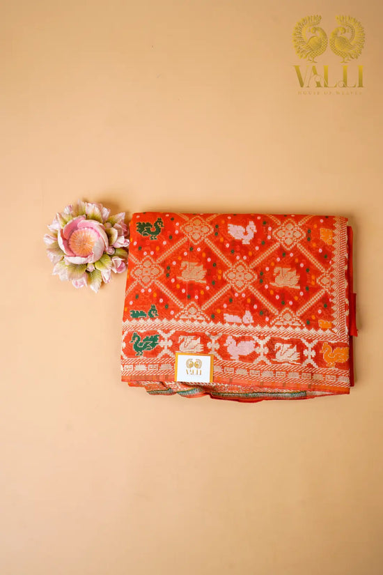Vibrant Orange Banarasi Georgette Silk Saree with Bird Jaal Weave