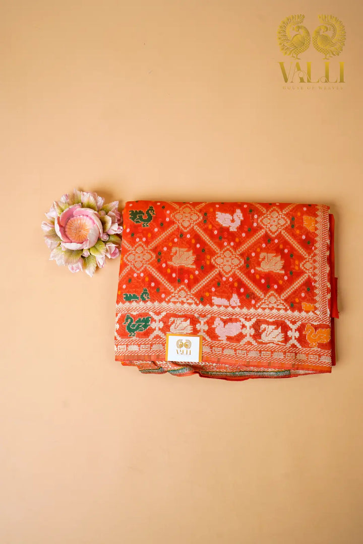Vibrant Orange Banarasi Georgette Silk Saree with Bird Jaal Weave