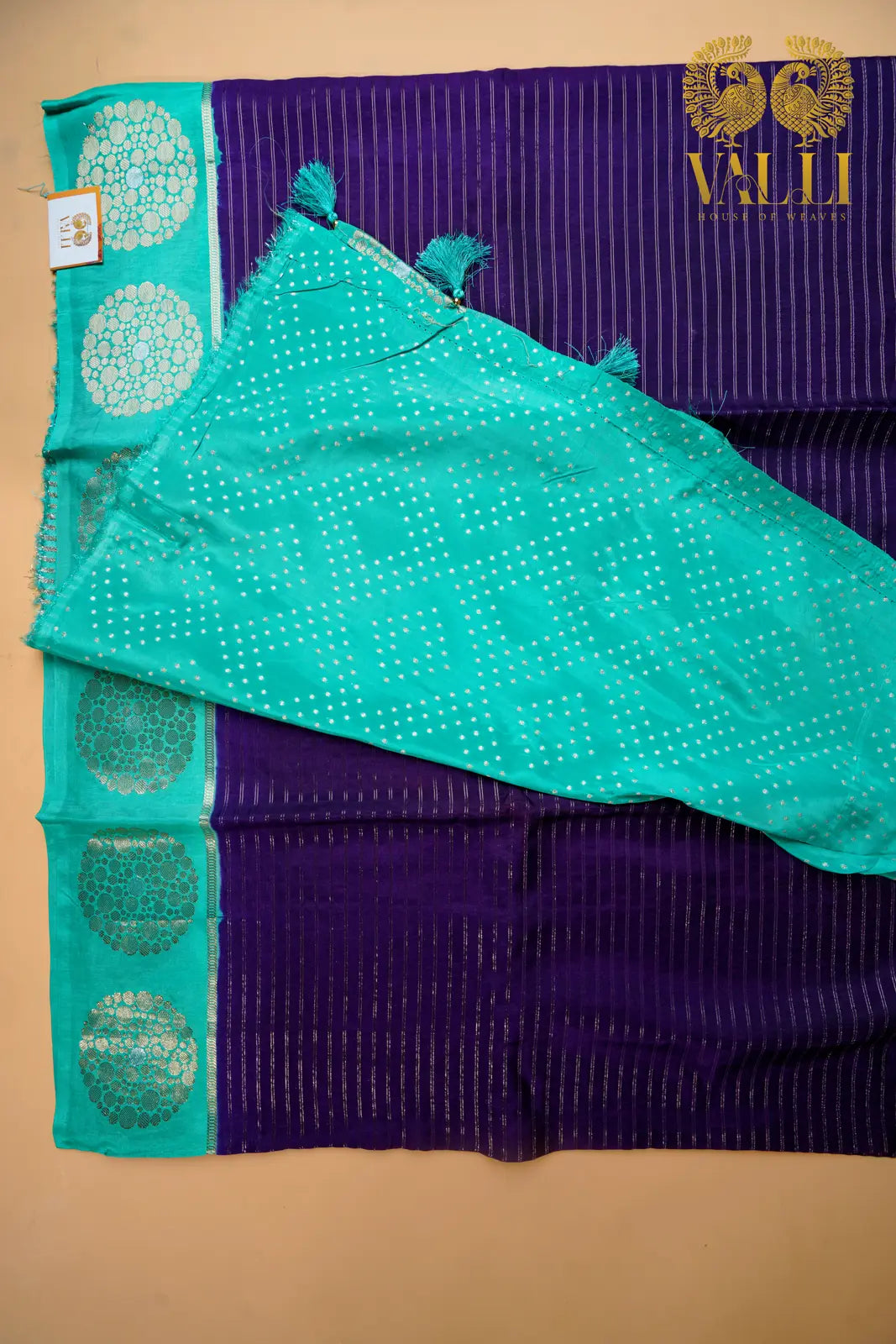 Fancy Dola Silk Saree with Gold Stripes – Royal Purple & Sea Green