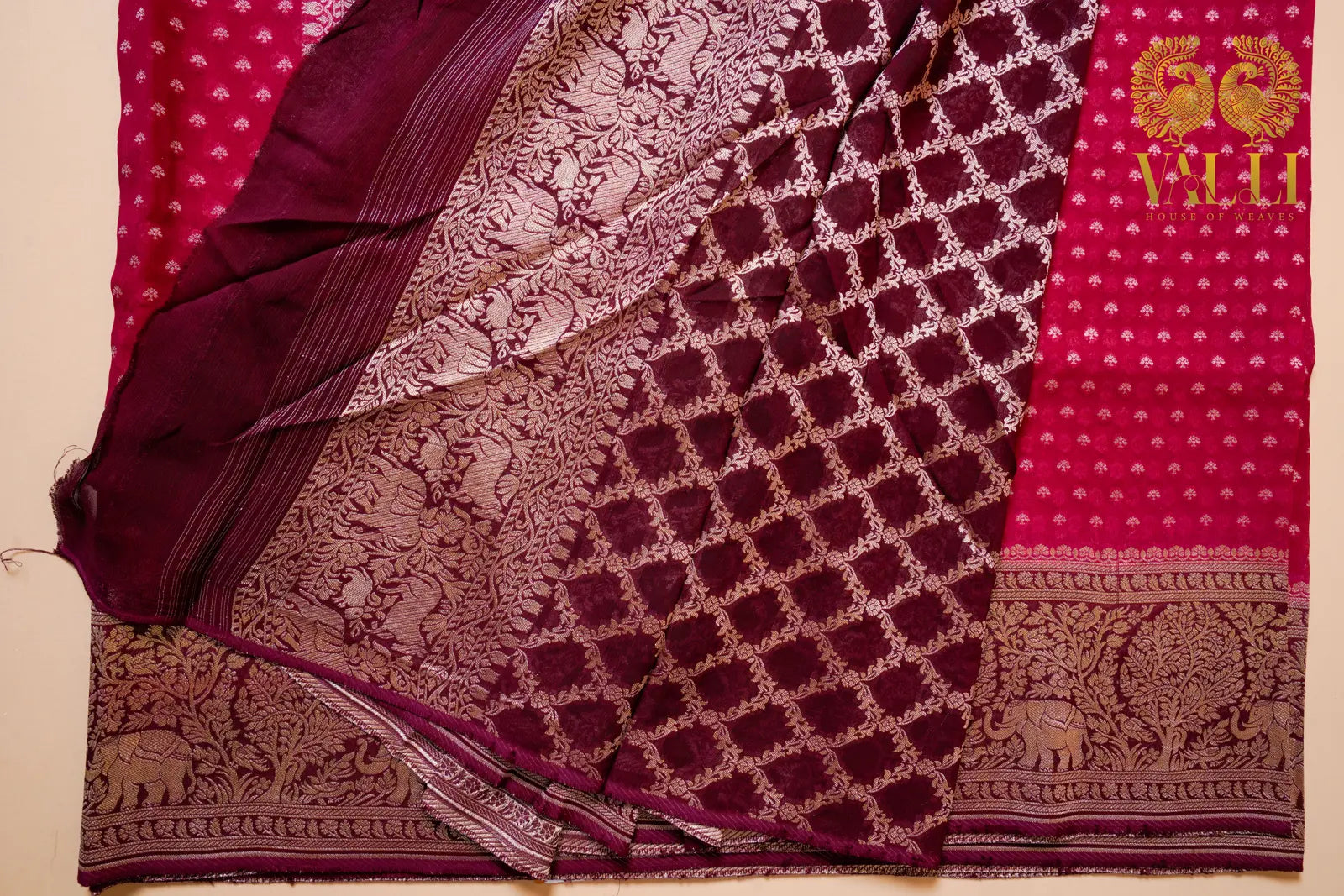 Khadi georgette saree dark pink with maroon 