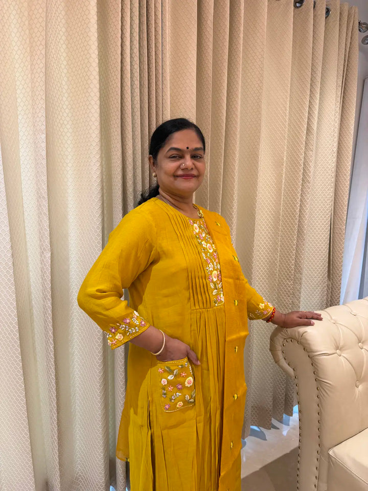 mustard yellow salwar set with pocket and Kota dupatta A Line