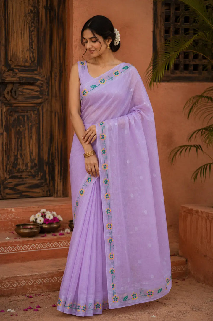 Lilac Kota Saree with Floral Border 