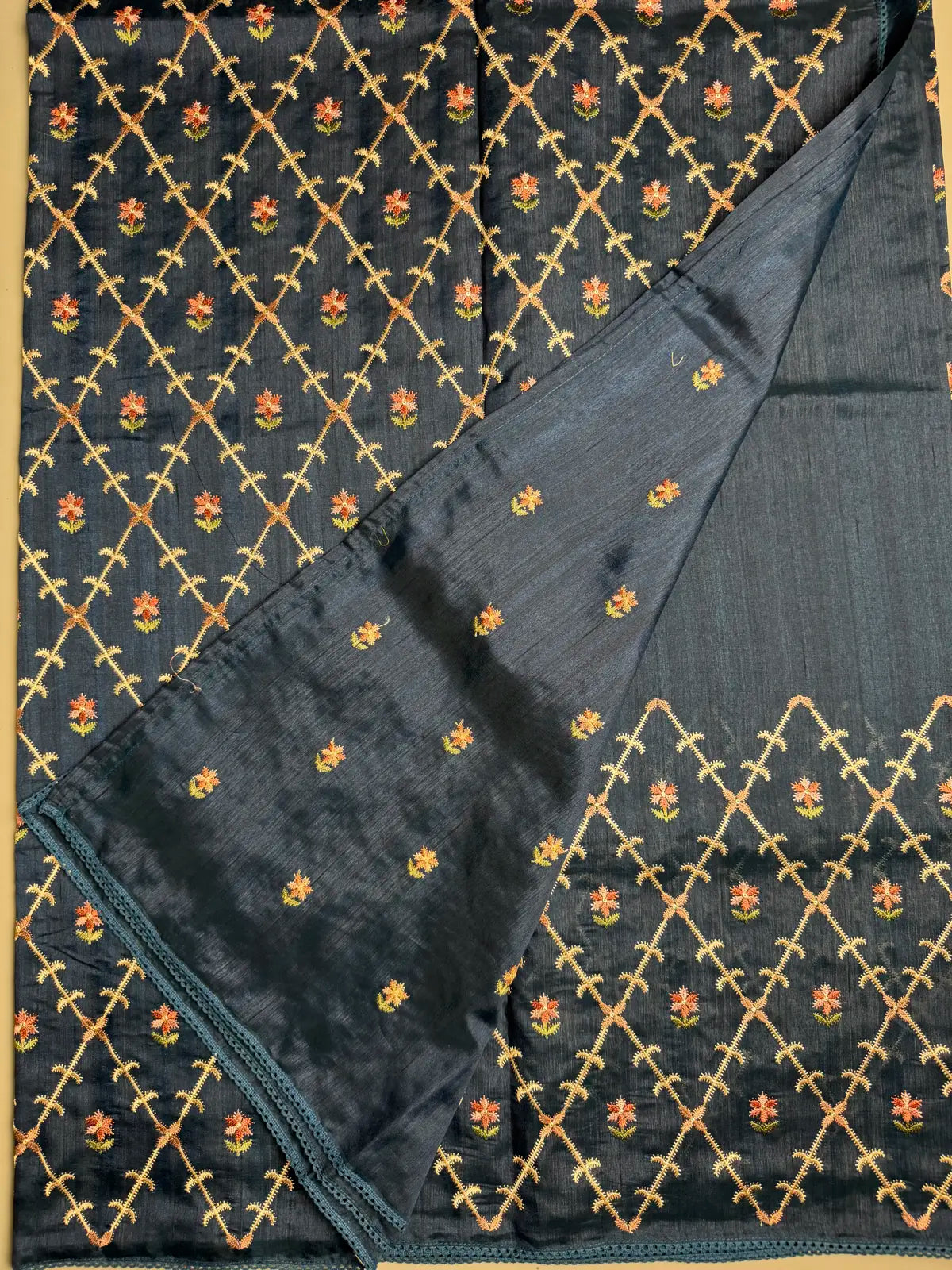 Midnight Blue Matka Silk Saree with Geometric Embroidery