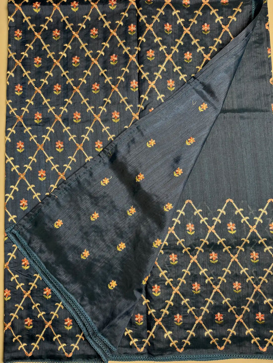 Midnight Blue Matka Silk Saree with Geometric Embroidery