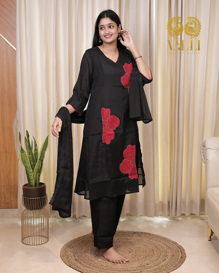 Red appliqué salwar A LINE pattern with duppata and straight cut pant