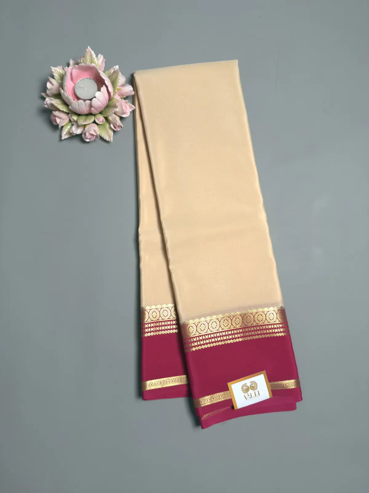 Beige pure Mysore Crepe Silk Saree with Rani Pink Contrast