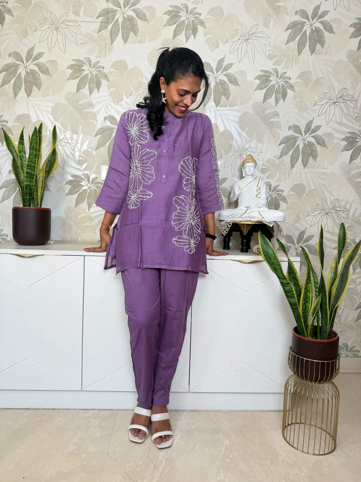 Lavender Knot Work Cotton Co-ord Set