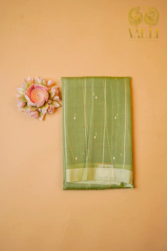 Pista Green Kora Organza Saree with Contrast Purple Checked Blouse