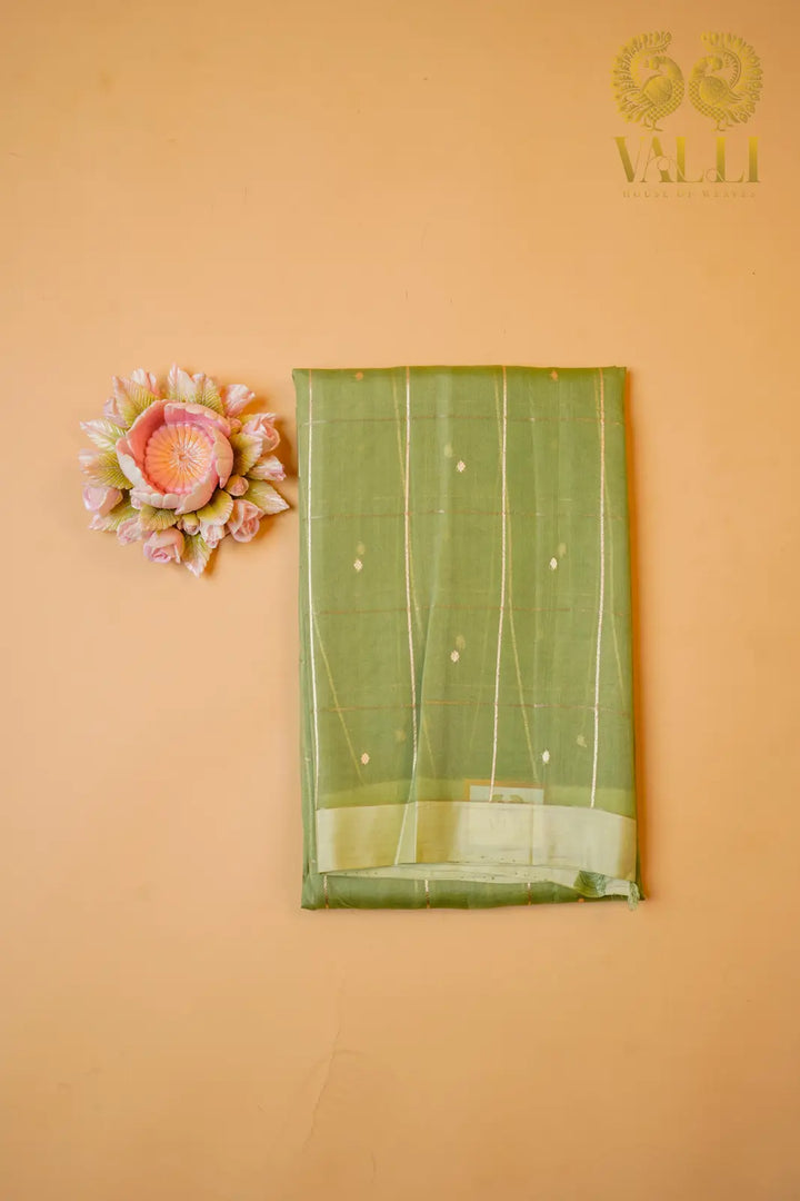 Pista Green Kora Organza Saree with Contrast Purple Checked Blouse